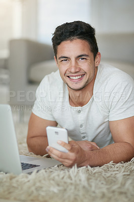 Buy stock photo Man, phone and laptop portrait for copywriter in home, remote work and networking. Male person, communication and website for course, freelance and email contact for conversation or online research