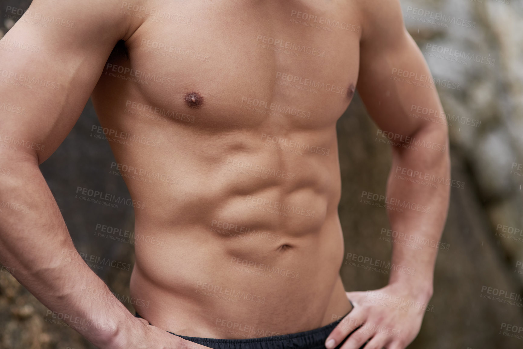 Buy stock photo Muscular, torso and man with abs for fitness, bodybuilding and workout with strength and health. Sports, training and closeup of shirtless male person chest and six pack stomach for active exercise.
