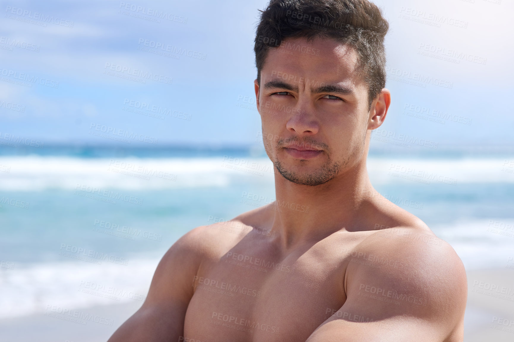 Buy stock photo Summer, portrait and man on beach with confidence for surfing or recreation activity or wellness. Outdoor, athlete and shirtless person for bodybuilding, training or fitness on Australia coastline