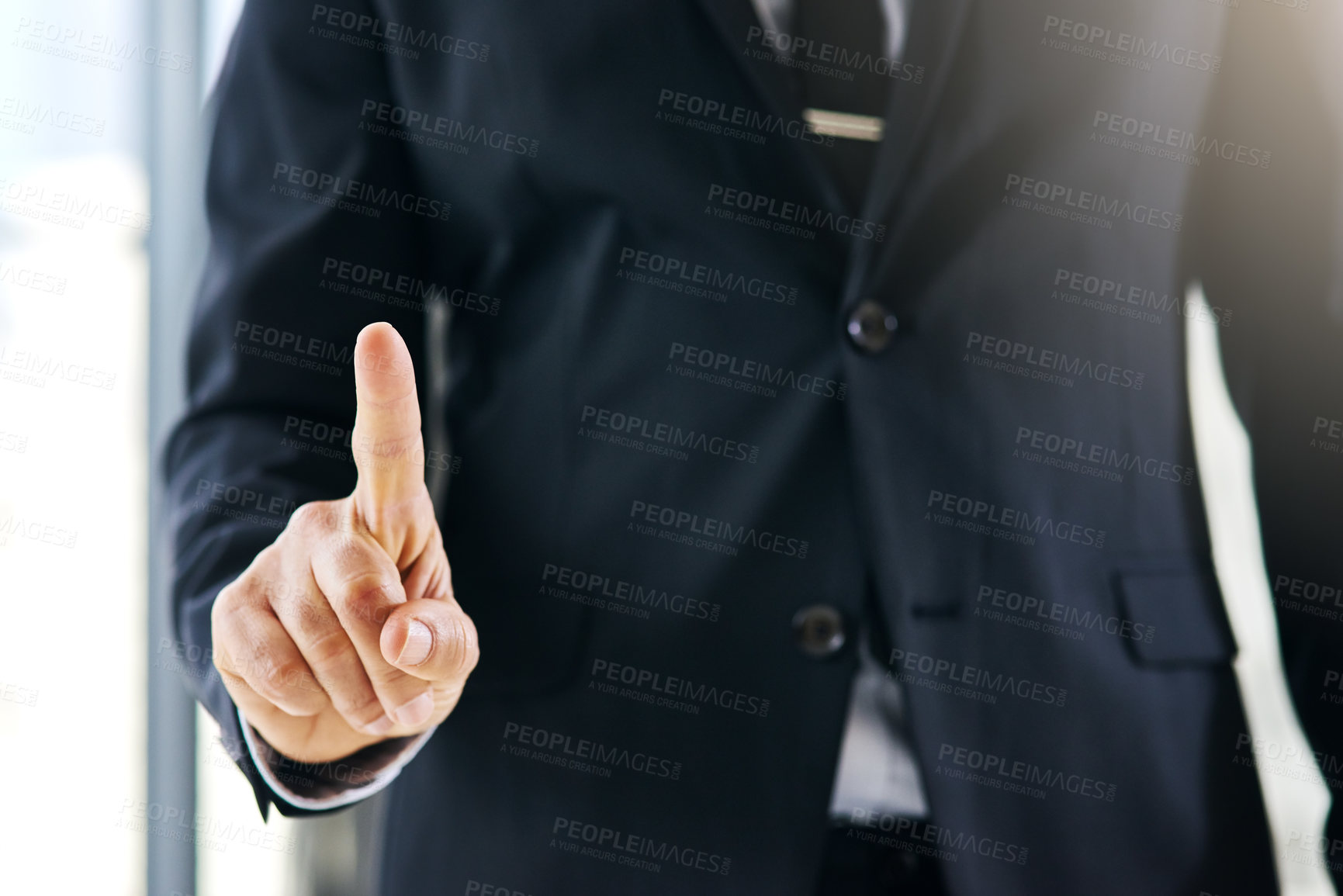 Buy stock photo Law, finger or person in office with point, ui tech and investigation for case preparation. Justice, digital and attorney in firm with decision, legal overview and information on virtual system.