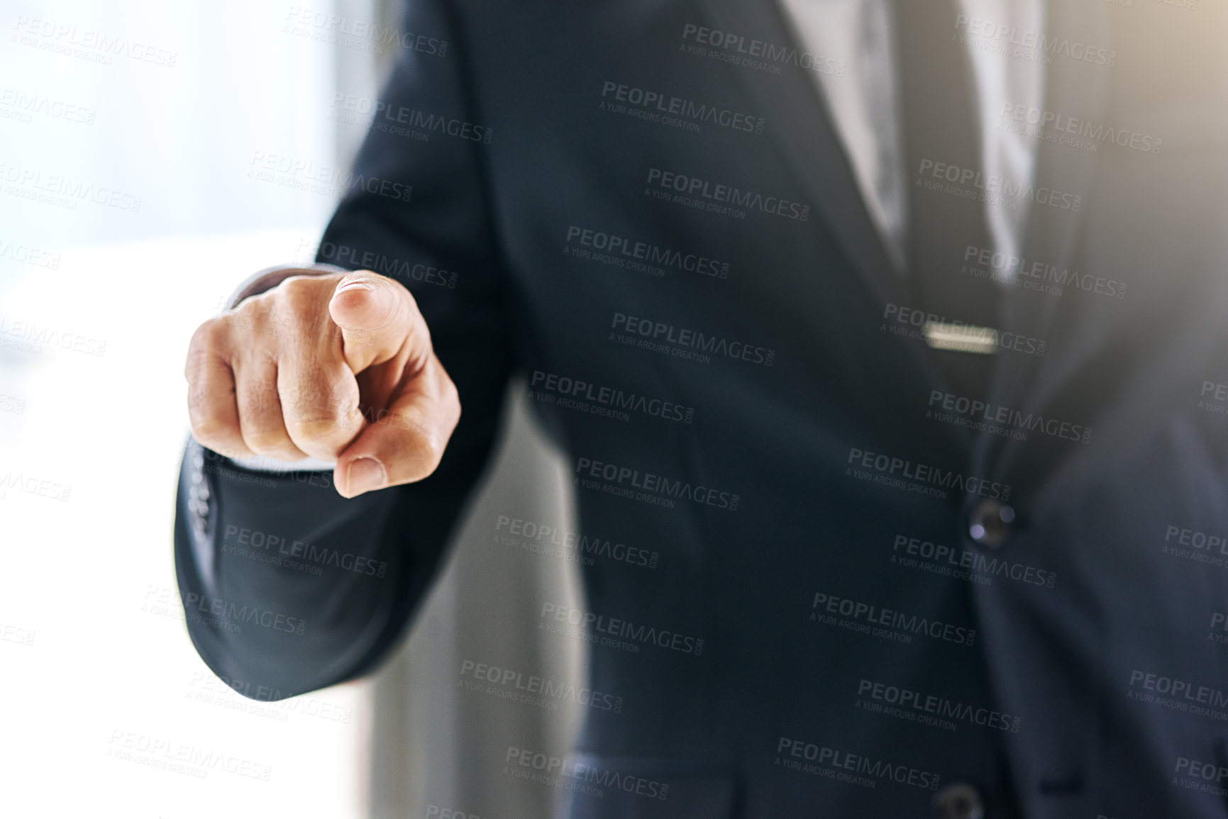 Buy stock photo Cropped shot of a corporate businessman connecting to a user interface with his finger