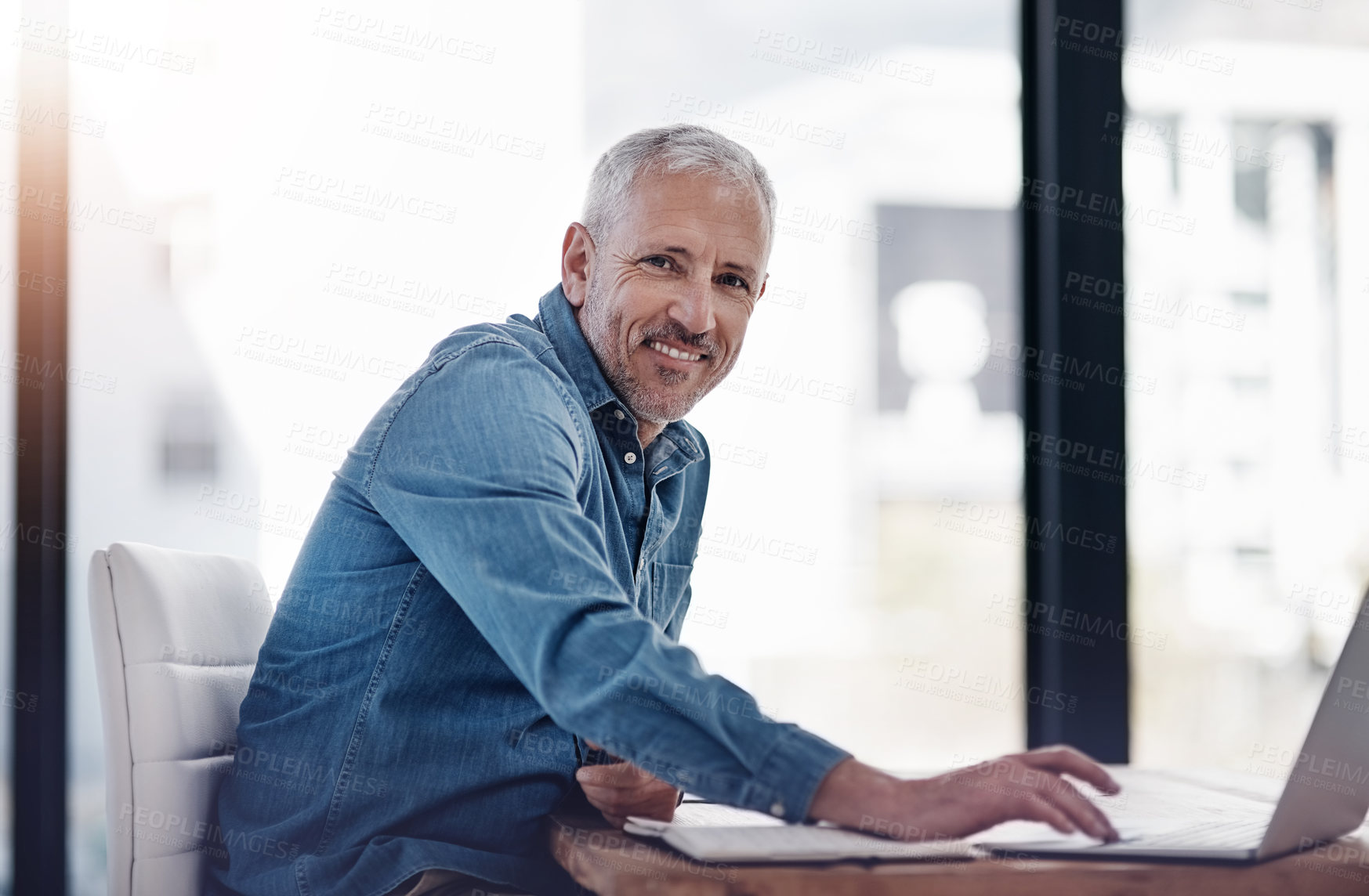 Buy stock photo Mature man, office and portrait with laptop for research information, update or business news website. Company, financial advisor and smile with tech for investment, budget report or portfolio review