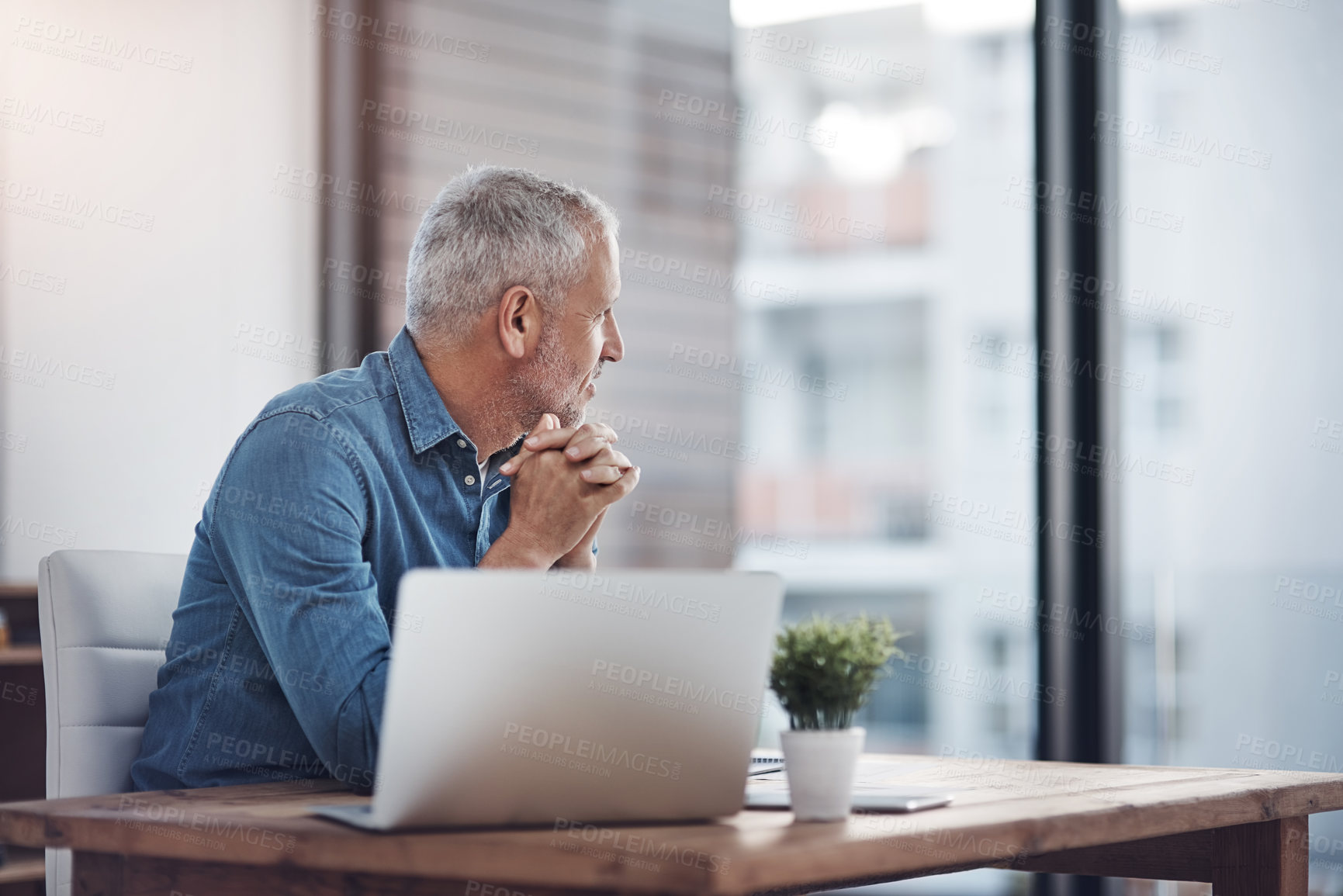 Buy stock photo Mature businessman, office and thinking with laptop for research information, update and business plan. Company, financial advisor and idea with tech for investment, budget report and brainstorming