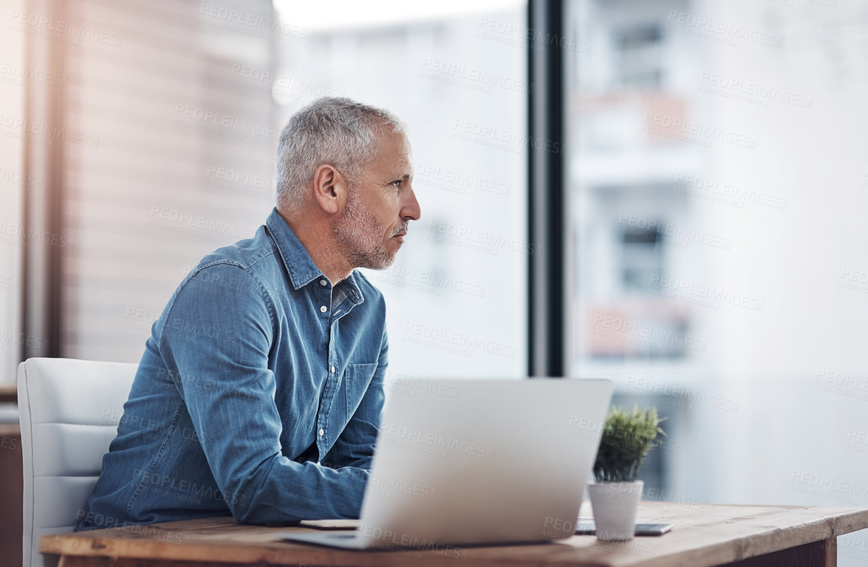 Buy stock photo Corporate, mature businessman and thinking with laptop for business plan, project and brainstorming. Office, financial advisor and idea with technology for investment, budgeting and problem solving