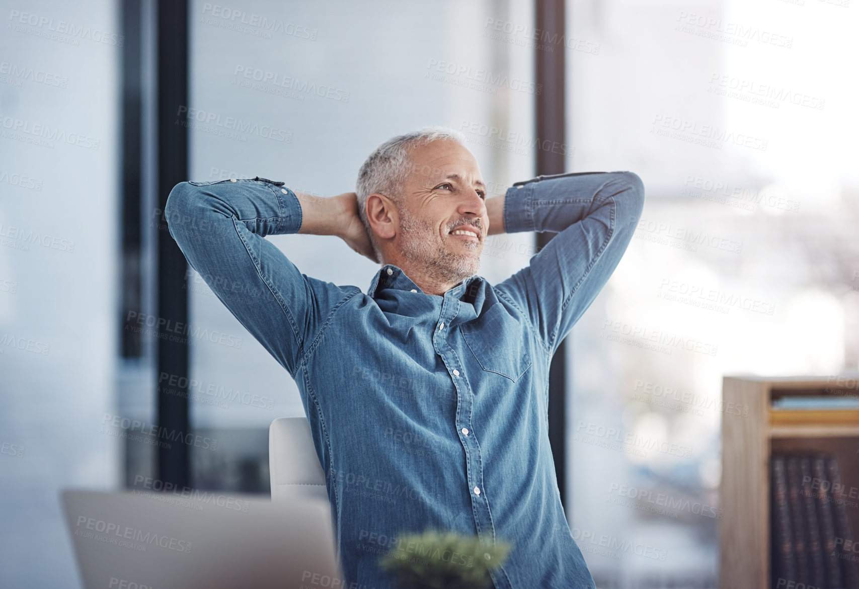 Buy stock photo Mature, happy or businessman with laptop in relax for break, done or completion at office. Male person, designer or employee with smile or leaning back for rest, finished or productivity at workplace