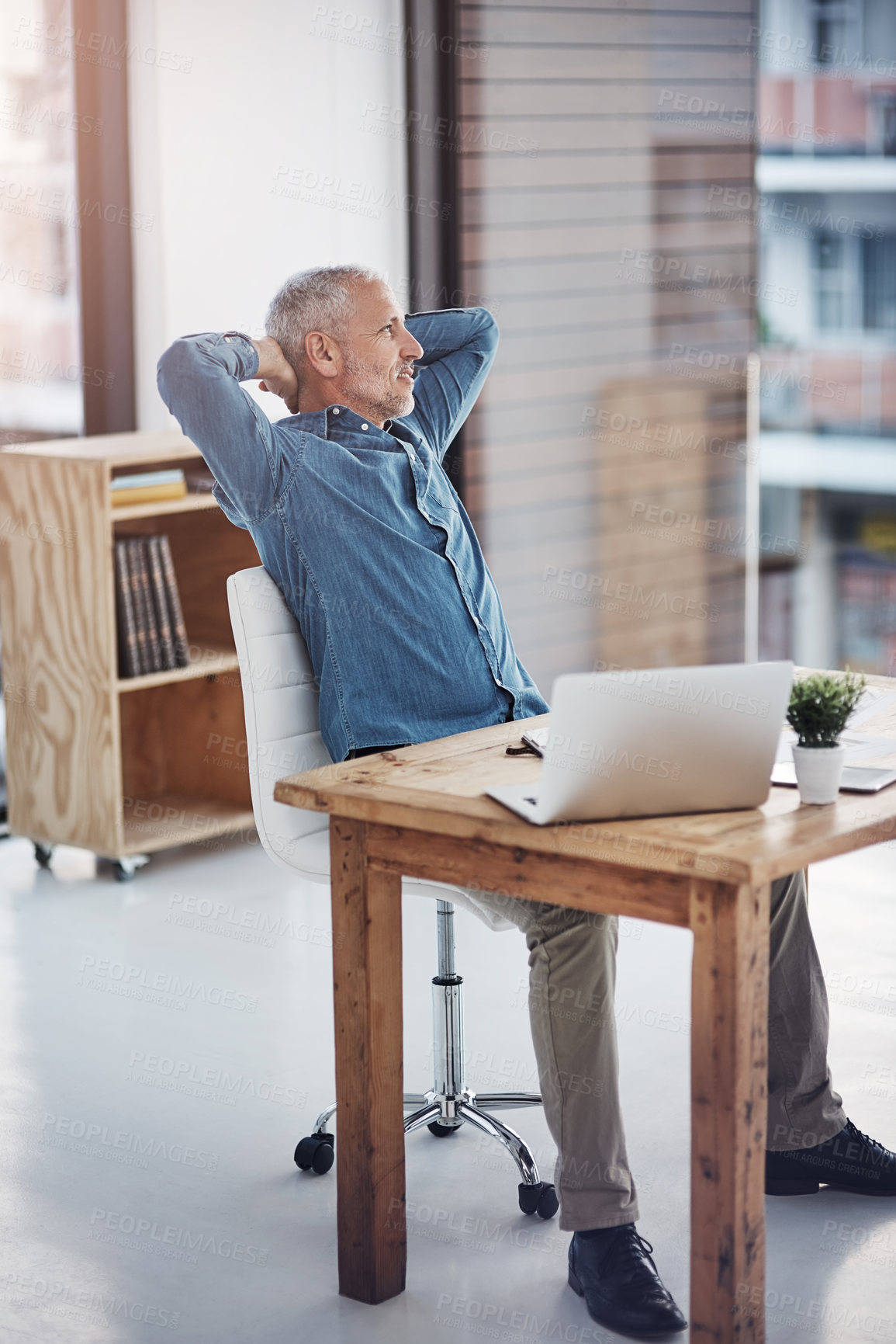 Buy stock photo Mature, businessman and laptop with relax for break, done or completion at office desk. Male person, designer or employee with computer or leaning back for rest, finished or productivity at workplace