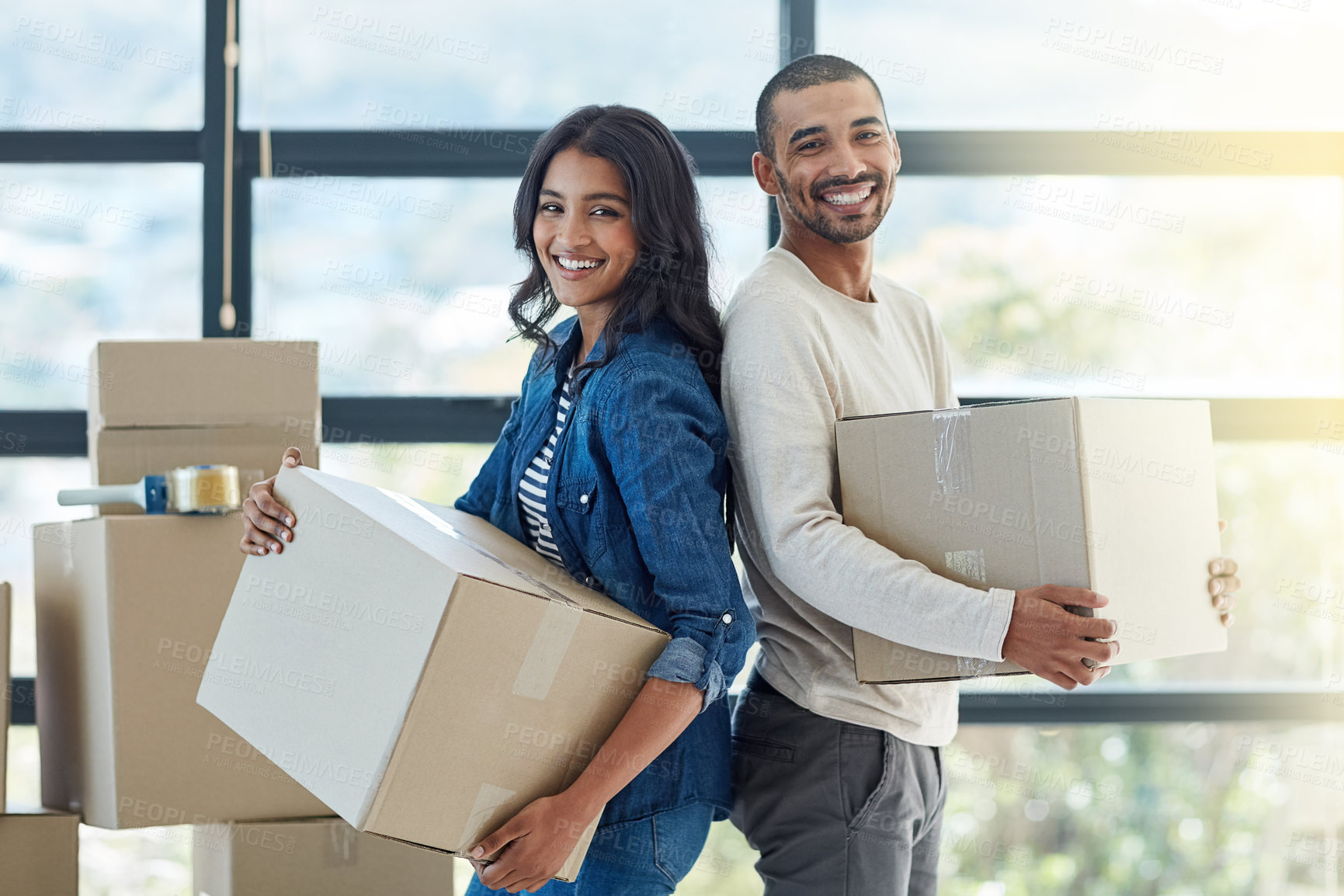 Buy stock photo Couple, portrait and boxes to carry for new home with support, growth and happiness for dream house. Homeowner, man and woman in relationship excited for relocation, property investment and purchase