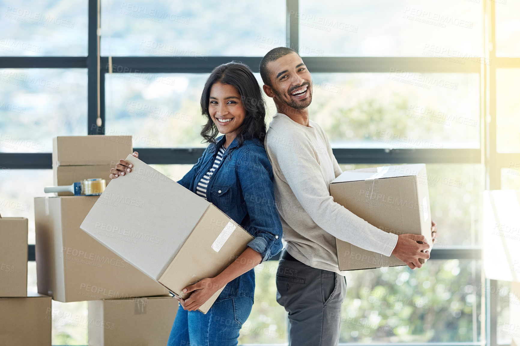 Buy stock photo Couple, portrait and boxes to carry for new house with support, growth and happiness for dream home. Homeowner, man and woman in relationship excited for relocation, property investment and purchase
