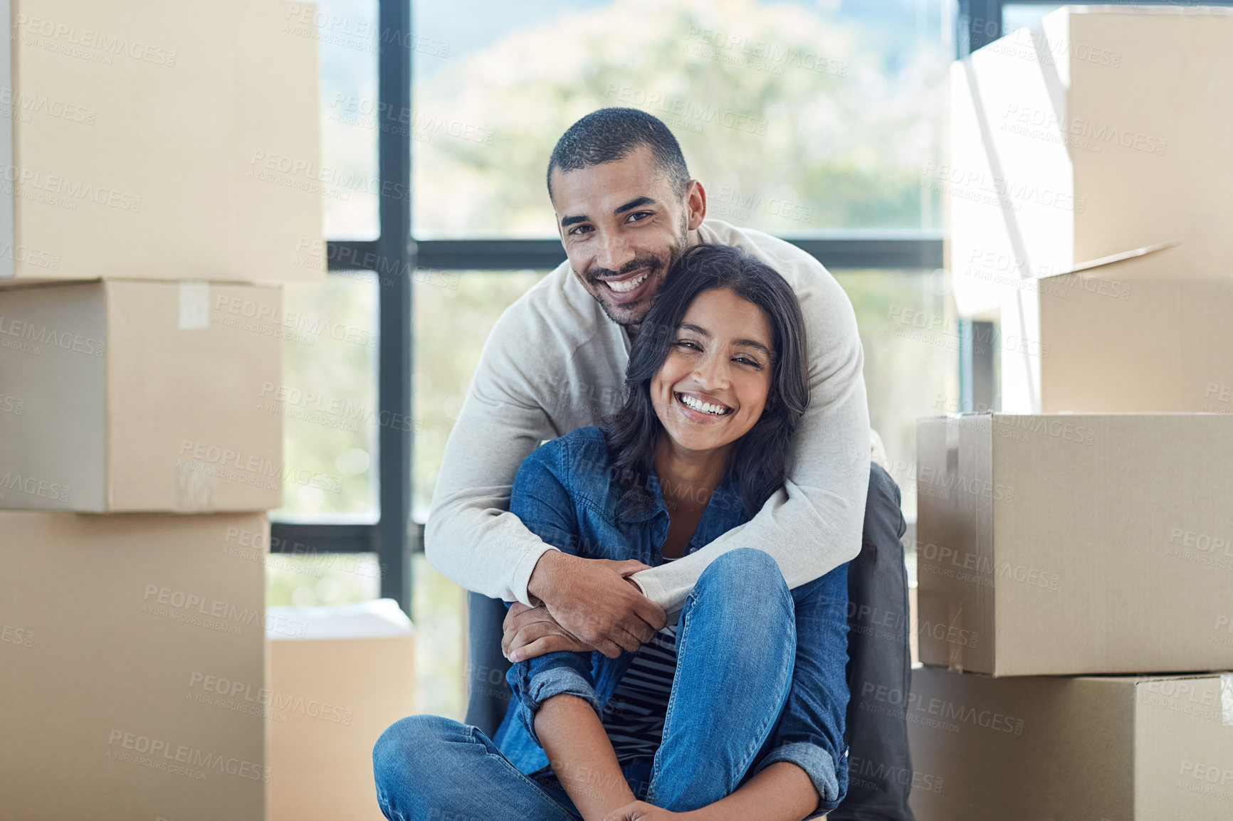 Buy stock photo Couple, portrait and box with hug for new home with support, bonding and happiness for dream house. Homeowner, man and woman in relationship excited for relocation, property investment and moving