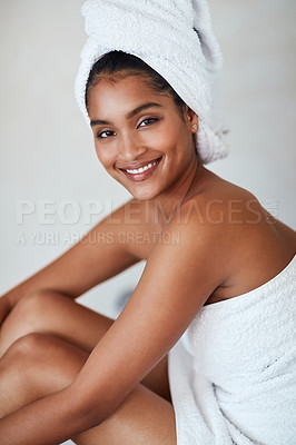 Buy stock photo Happy, woman and portrait in skincare, towel and cosmetics for glow, healthy and wellbeing. Female person, spa and pride for natural face, self care and dermatology with beauty on background