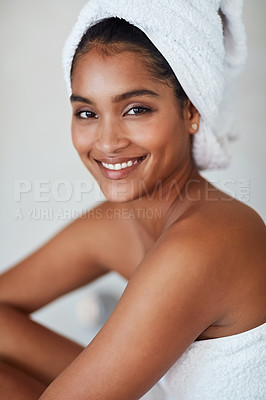 Buy stock photo Healthy, woman and portrait in skin care, beauty and cosmetics for glow, spa and wellbeing. Female person, relax and pride for natural face, makeup and dermatology with towel on background in studio
