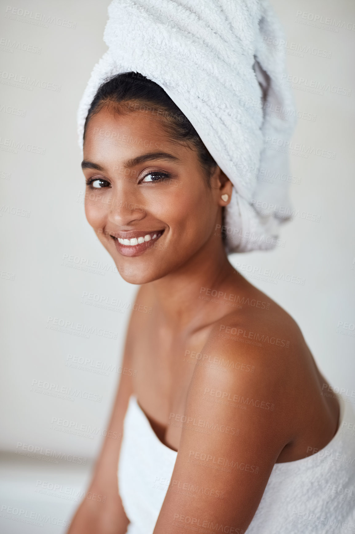 Buy stock photo Spa, woman and portrait in cosmetics, towel and skin care for glow, healthy and wellbeing. Female person, relax and pride for natural face, healthy and dermatology with beauty
on vacation in Bali
