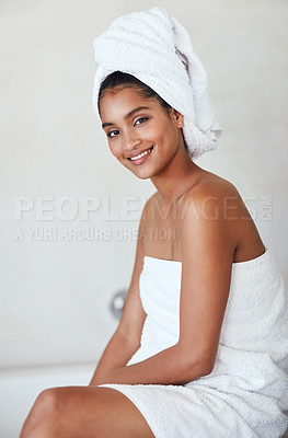 Buy stock photo Self care, woman or portrait with smile and towel in bathroom for cosmetics, wellbeing and relax in home. Female person, happy and beautiful in house for health, hygiene and grooming or treatment