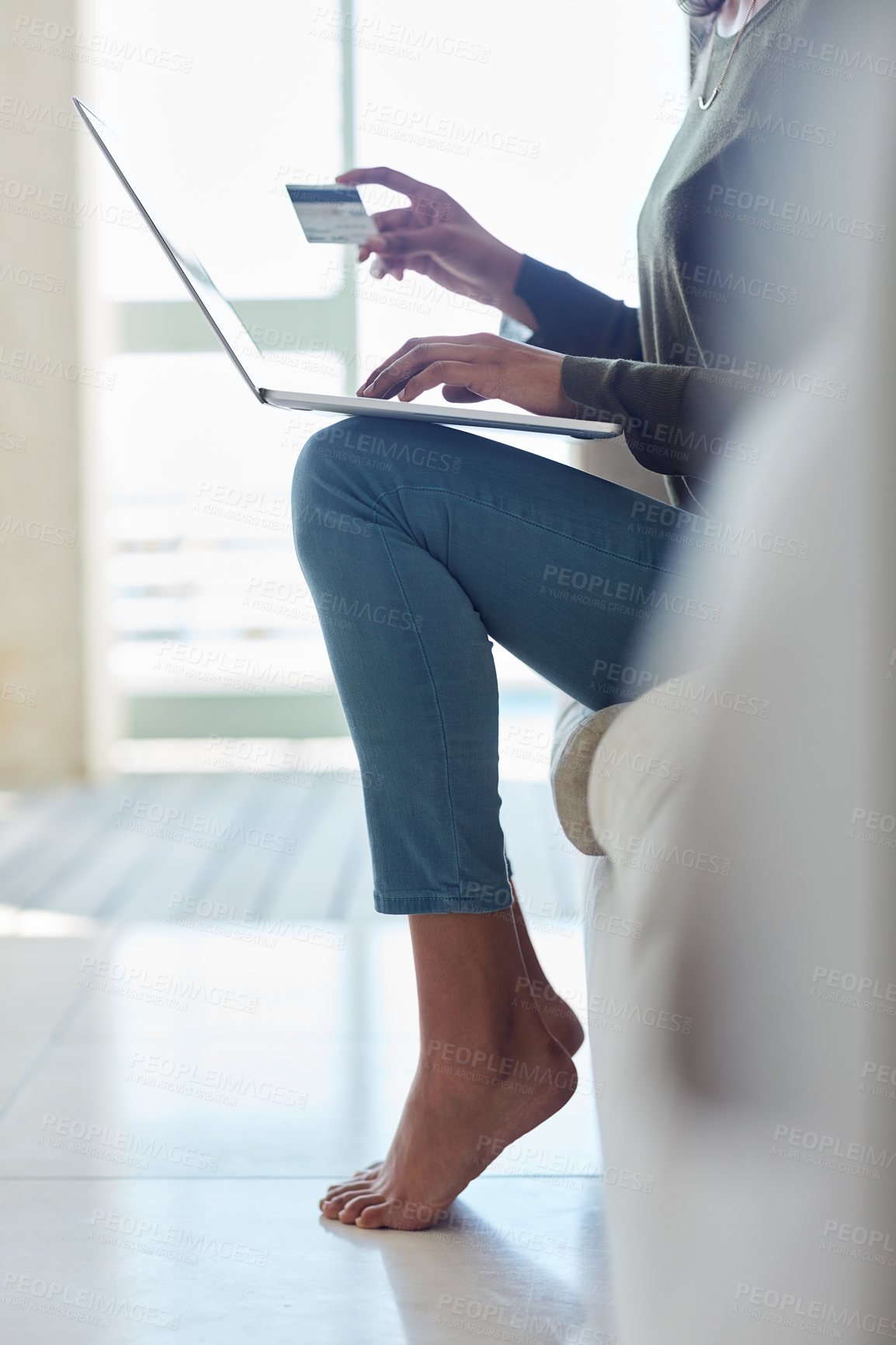 Buy stock photo Woman, body and laptop with credit card on sofa for internet banking, ecommerce and connection. Home, payment and person with fintech for digital transaction, online login and verification of code