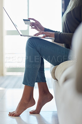 Buy stock photo Woman, body and laptop with credit card on couch for internet banking, connection and online login. Home, transaction and person with fintech for digital payment, ecommerce and verification of code