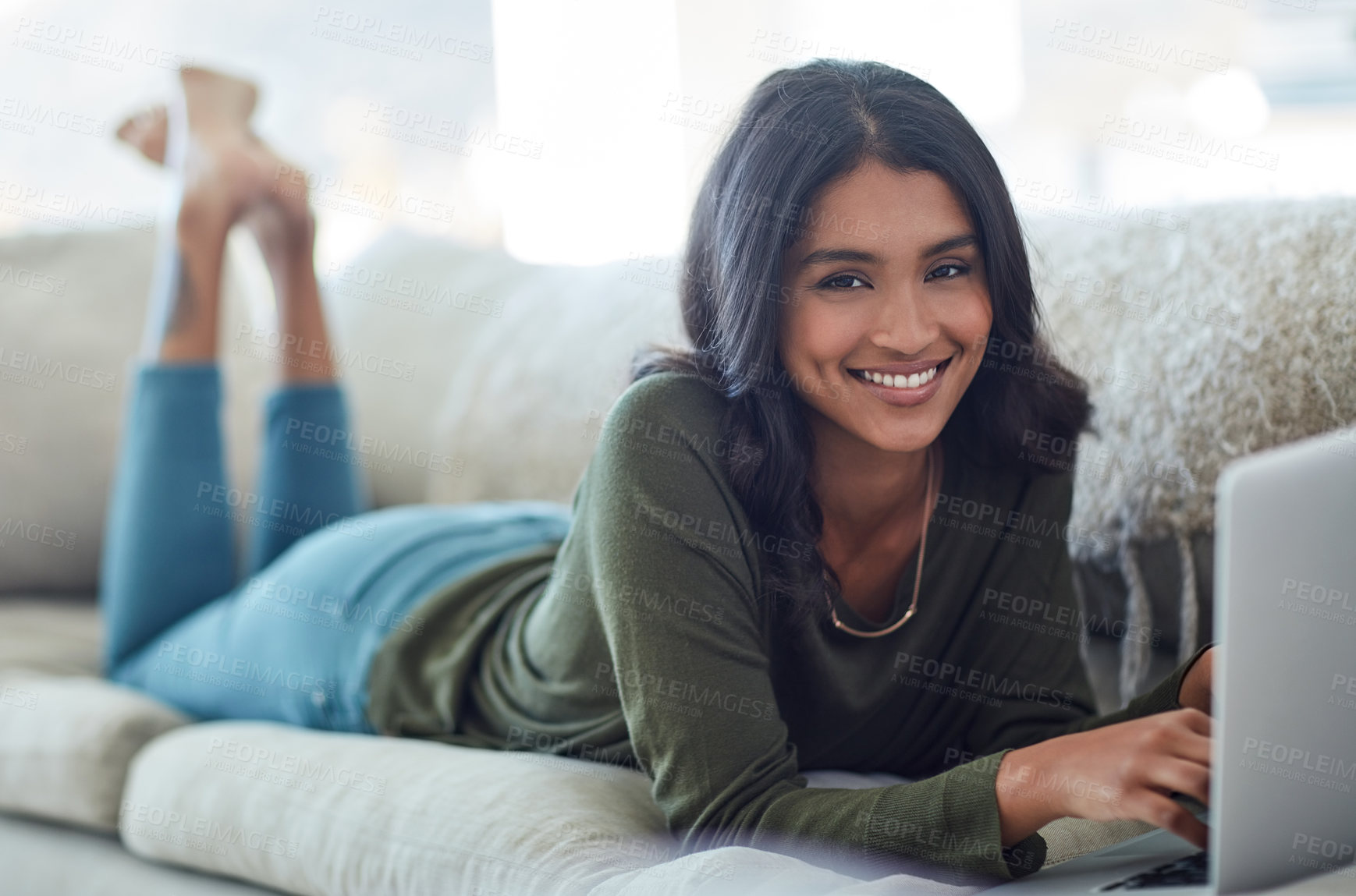 Buy stock photo Portrait, woman and laptop with smile on sofa in house for blog or social media with happiness. Streaming, movies and technology on weekend for relax in living room with subscription for video.