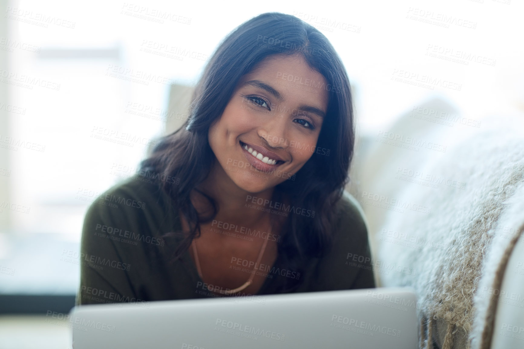 Buy stock photo Portrait, remote work and woman with smile in lounge, laptop and working in home and relax on sofa. Freelancer, entrepreneur and girl with computer in apartment, editor and writer for online job