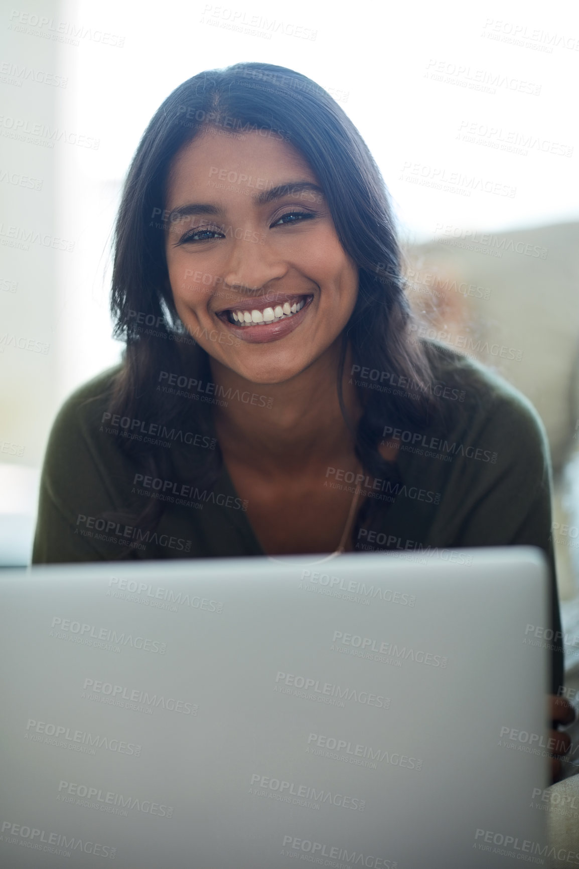 Buy stock photo Portrait, remote work and woman with laptop, living room and working in lounge and relax on sofa. Freelancer, entrepreneur and girl with computer in apartment, editor and writer for online job