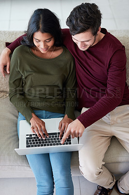 Buy stock photo Couple, remote work and woman with smile in home, laptop and working with help and relax on sofa. Freelancer, entrepreneur and girl with man, computer and apartment of editor and writer online