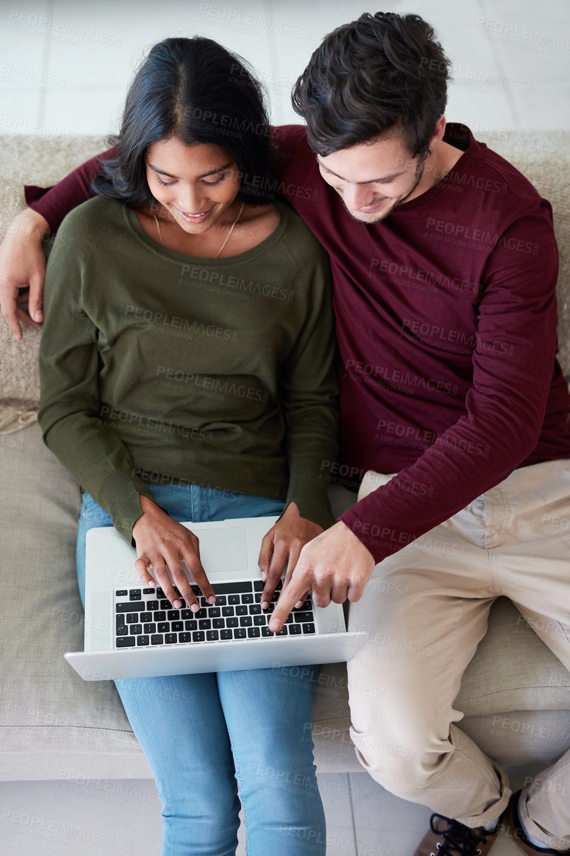 Buy stock photo Couple, remote work and woman with smile in home, laptop and working with help and relax on sofa. Freelancer, entrepreneur and girl with man, computer and apartment of editor and writer online