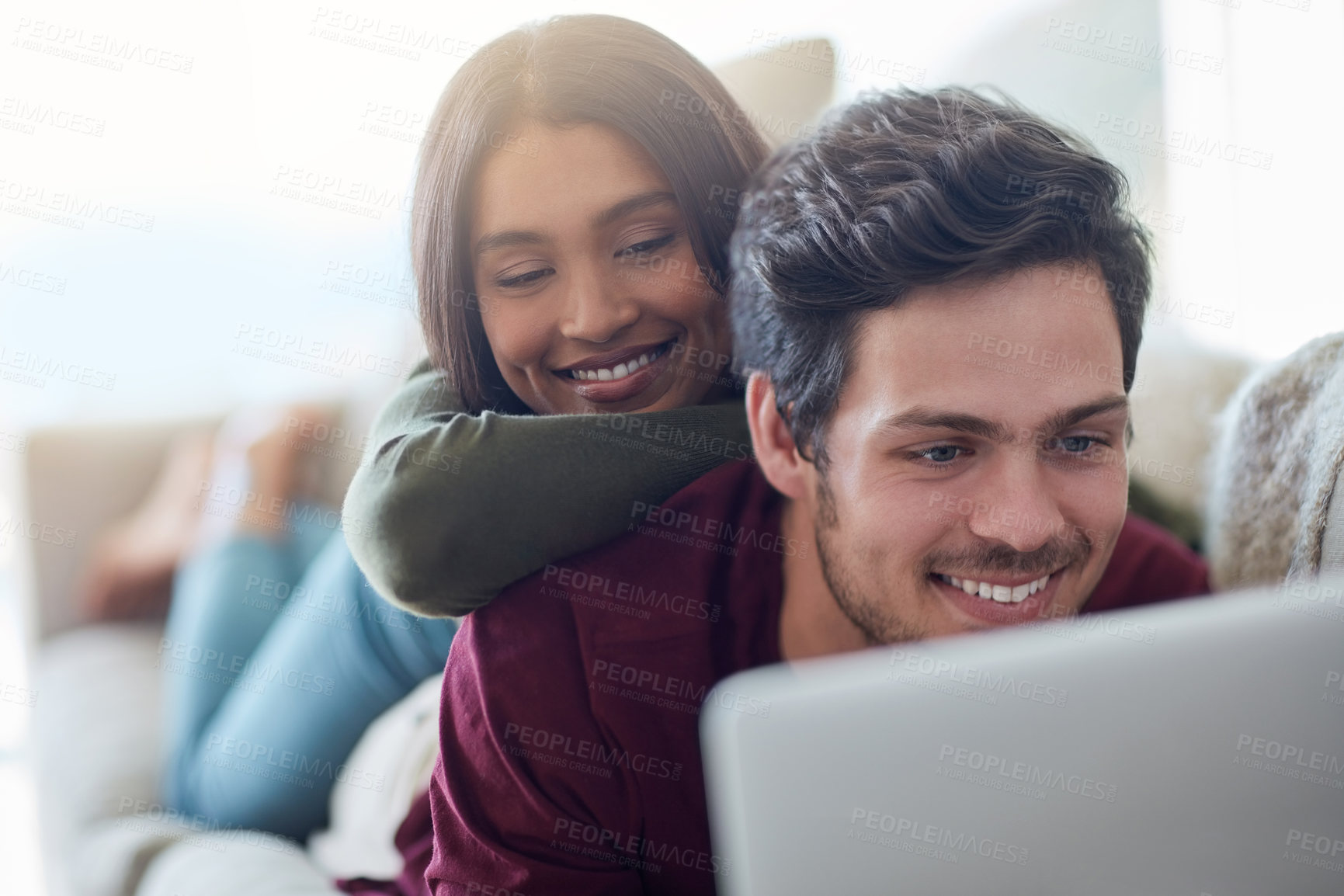 Buy stock photo Couple, watch and laptop for movies, love and entertainment with subscription on sofa and lounge. People, man and woman with computer, bonding and internet for video, home and cozy for date on couch