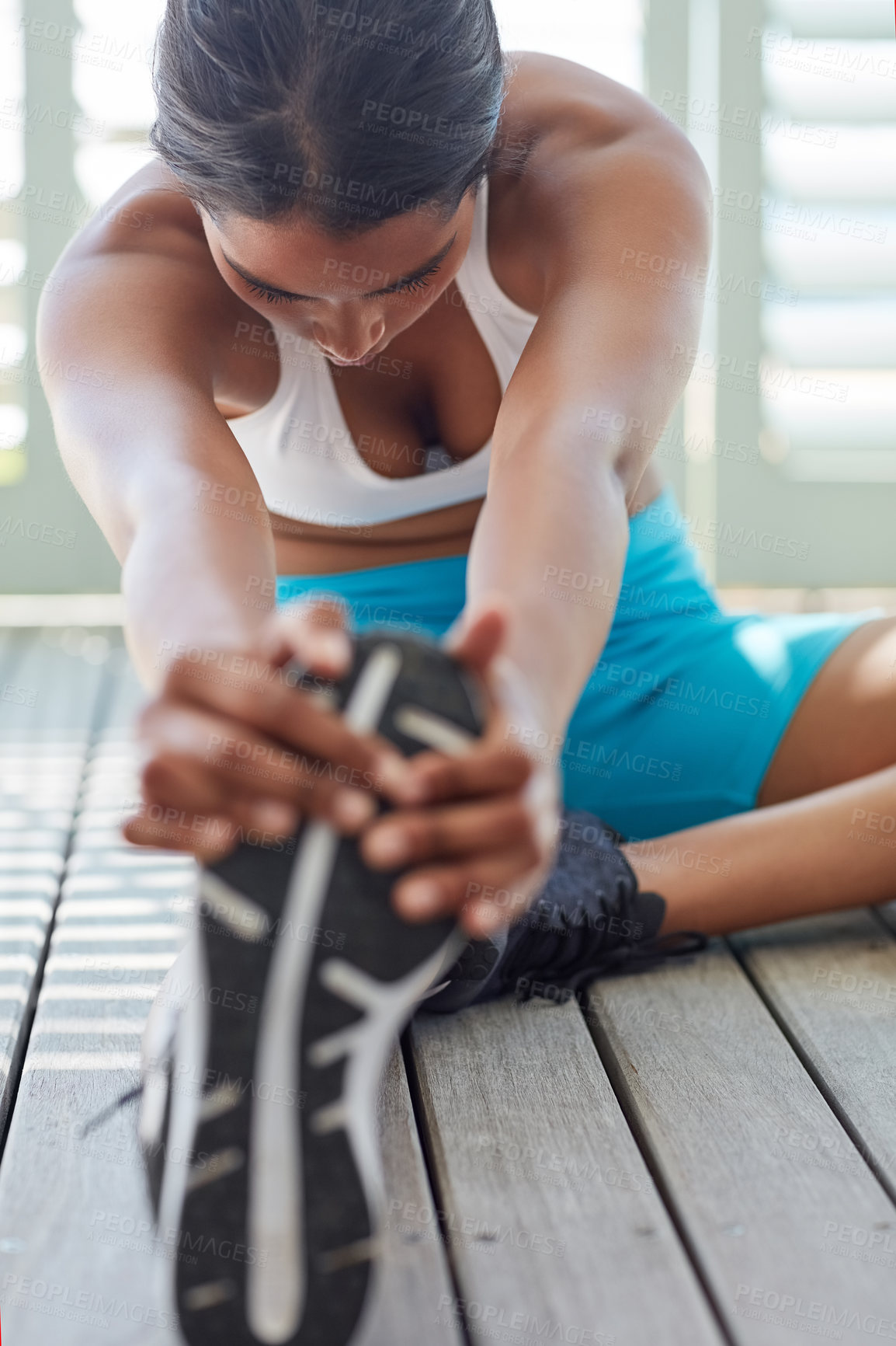 Buy stock photo Home, stretching and woman with workout, fitness and exercise with training, breathing and cardio. Person, apartment and girl with wellness, challenge and endurance with progress, hobby and healthy