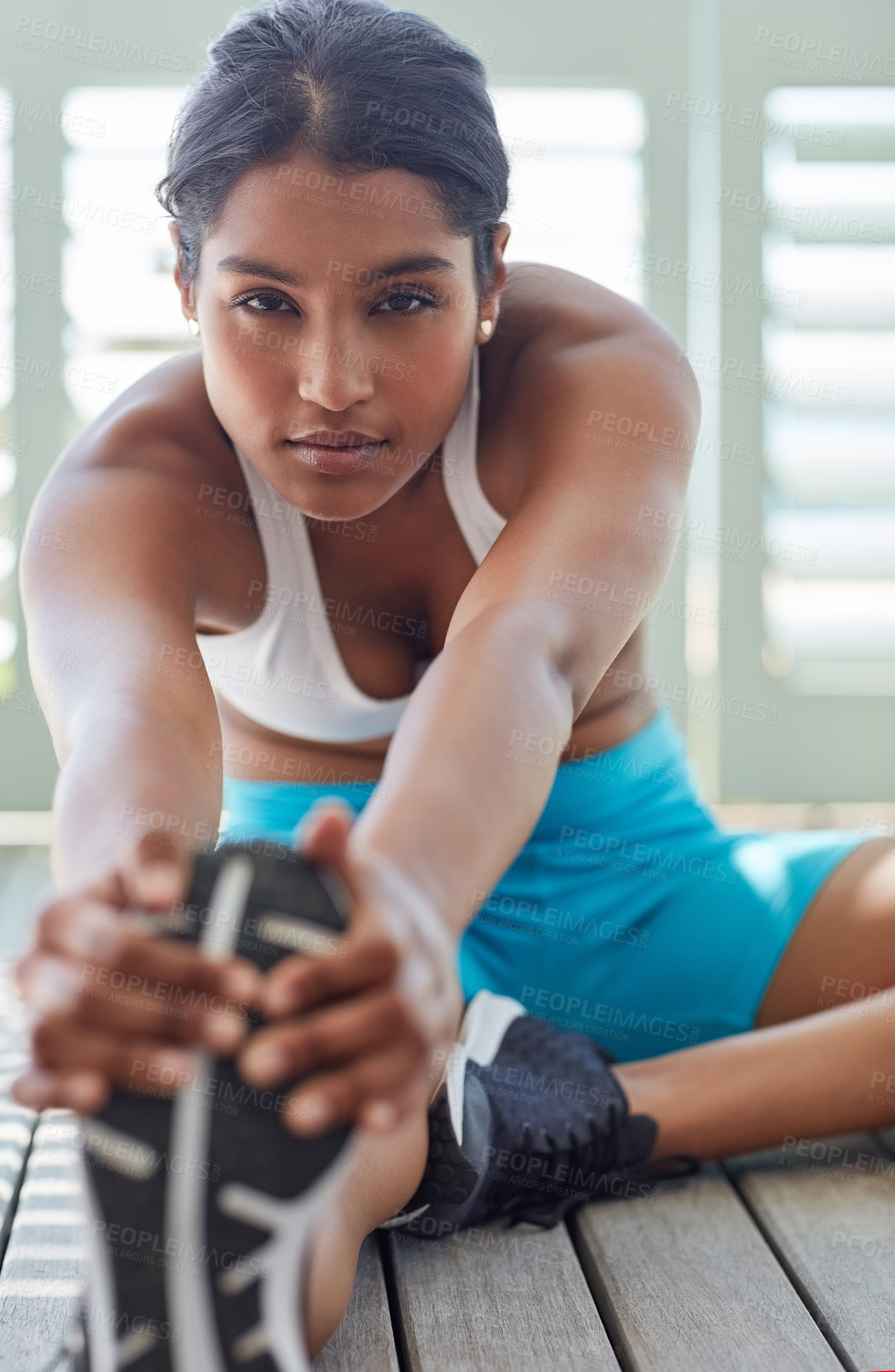 Buy stock photo Home, stretching and woman with fitness, portrait and exercise with training, breathing and balance. Person, apartment and girl with wellness, challenge or endurance with progress, workout or healthy