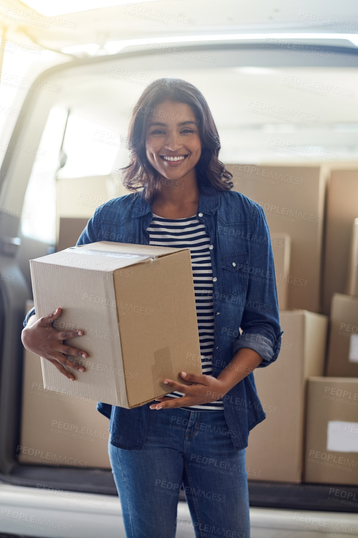 Buy stock photo Woman, portrait and box delivery with car transportation or supply chain courier, package or distribution. Female person, face and parcel with vehicle for supplier logistics, online shopping or order