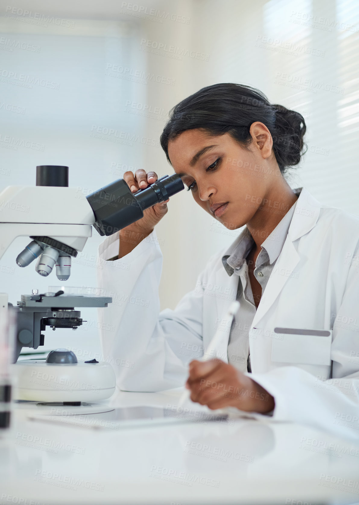 Buy stock photo Science, microscope and woman with tablet, research for cure and drug testing with results, data capture and pharmaceutical experiment. Person, scientist and chemistry with lab equipment and tech