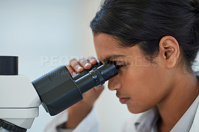 Buy stock photo Science, analysis and scientist with a microscope in lab for discovery, experiment or project. Medical research, biotechnology and woman researcher working with equipment in pharmaceutical laboratory