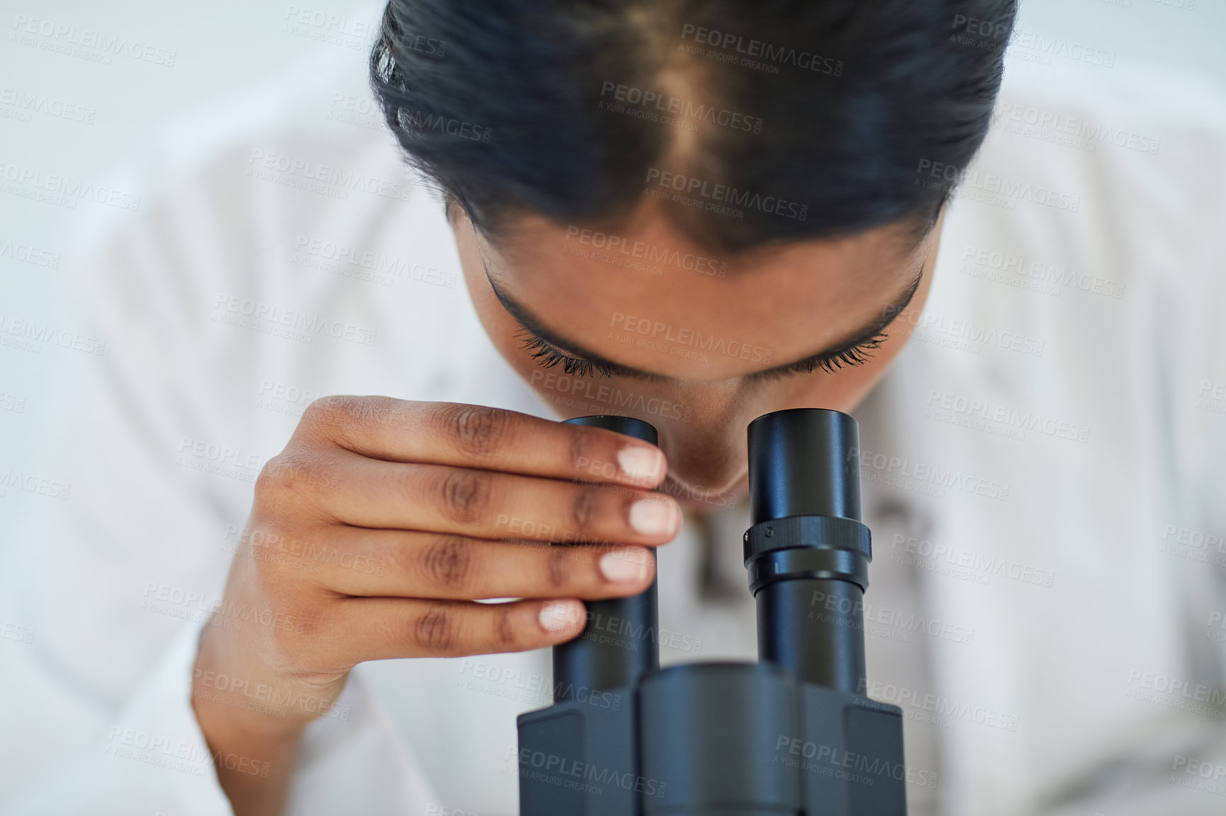 Buy stock photo Science, medical research and female scientist with a microscope for analyzing microbiology in a lab. Healthcare, biotechnology and woman researcher working on a project in pharmaceutical laboratory.