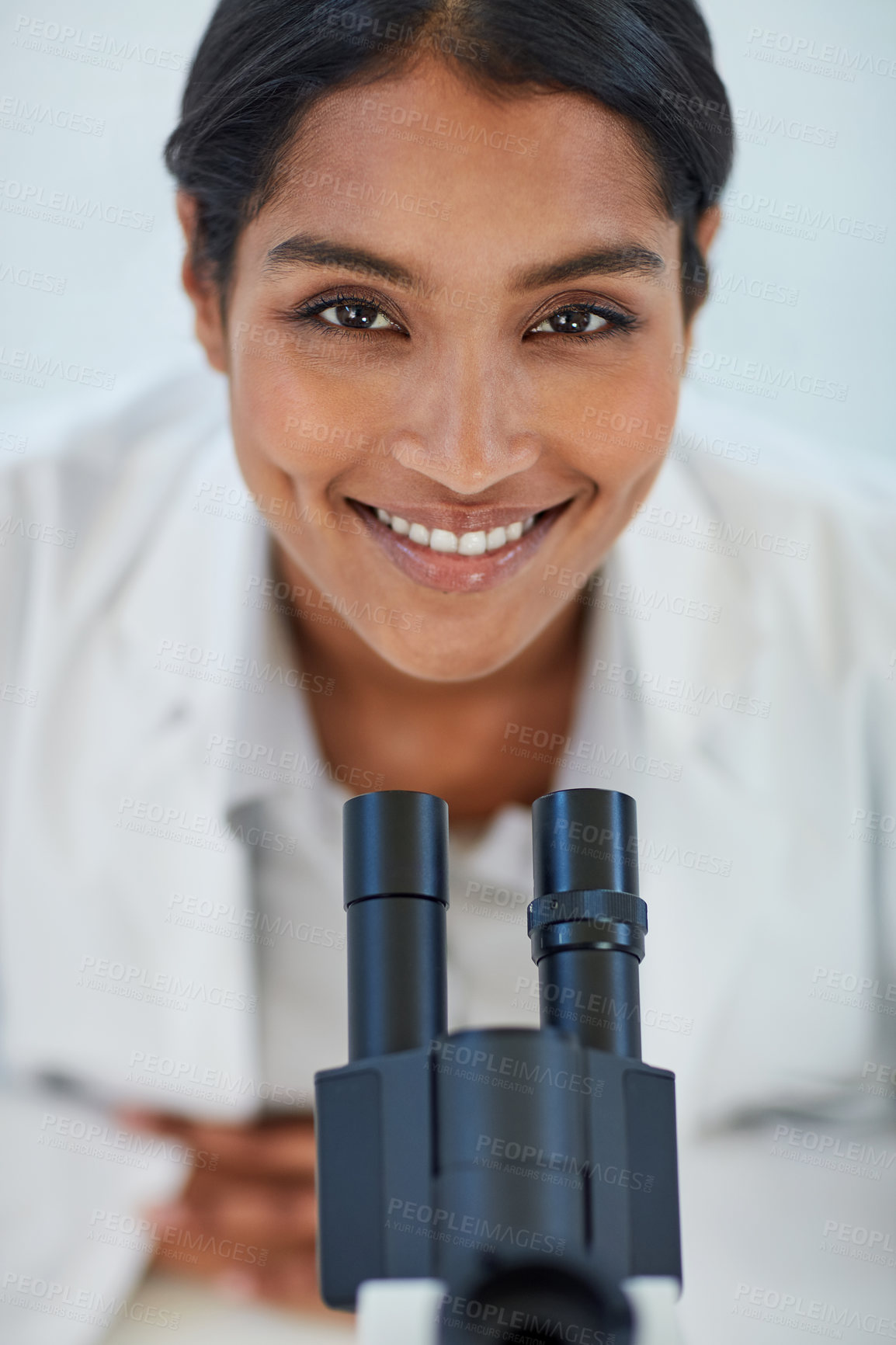 Buy stock photo Scientist, microscope and portrait in laboratory for research study, vaccine test and investigation. Happy, woman and experiment with biotechnology for medical, innovation and stem cell development