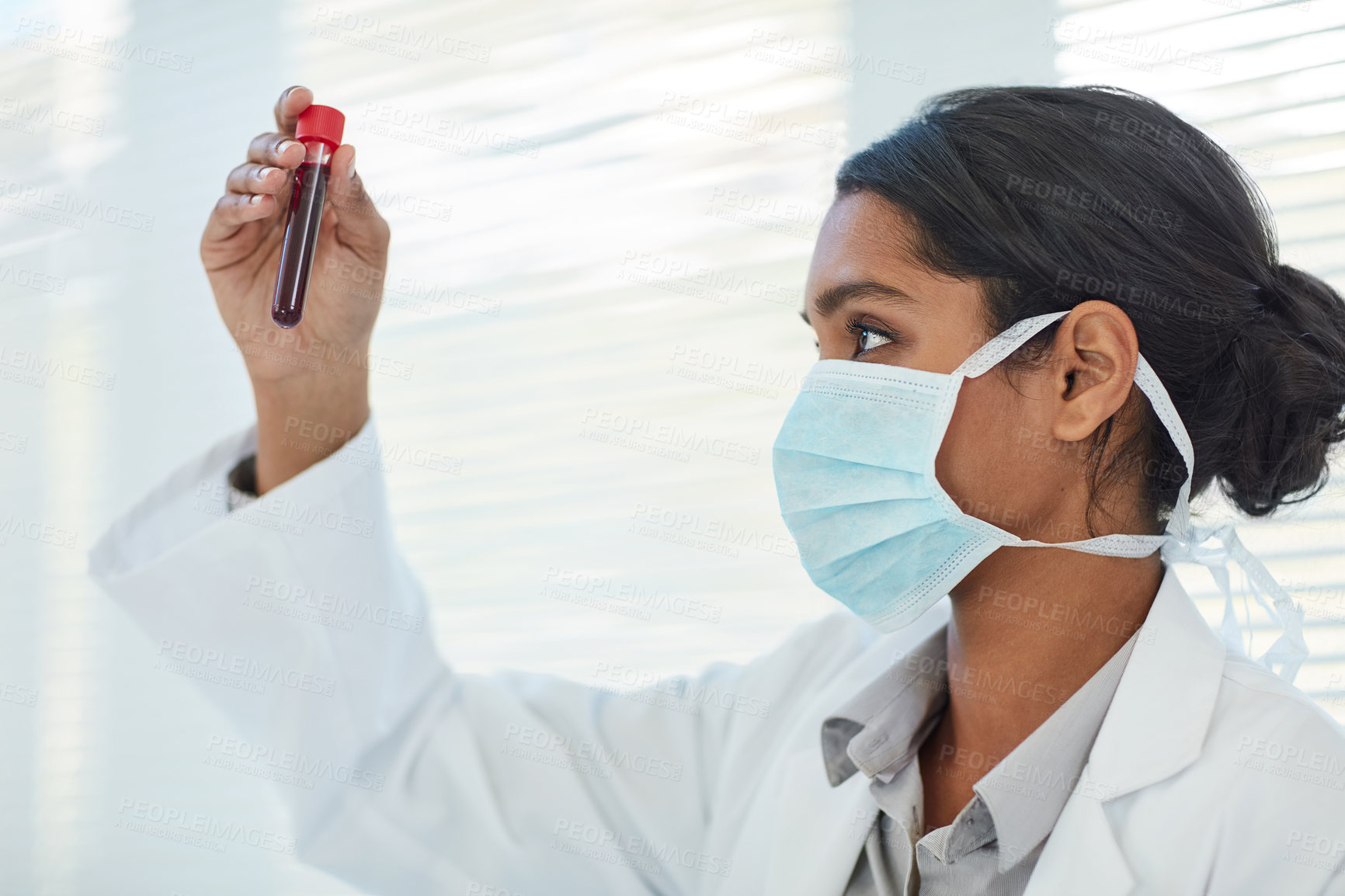 Buy stock photo Glass vial, blood and doctor in laboratory for test or research with dna for healthcare discovery. Rna, pharmaceutical and female medical worker with mask for plasma tube for pathology investigation.