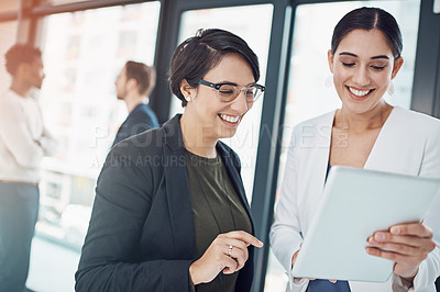 Buy stock photo Happy, business and woman in office with tablet for meeting for planning, research and ideas with wireless technology. , People, staff and working on pc for teamwork for finance report on company