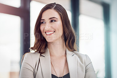 Buy stock photo Woman, business and smile in office with confidence for thinking, corporate or emigration or moving. Female immigration consultant for New Zealand at job, vision or idea for management career choice