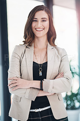 Buy stock photo Business woman, smiling and in portrait confident for new employment opportunity, career or company. Girl, happy and positive for entrepreneurship, working or start up creation and management