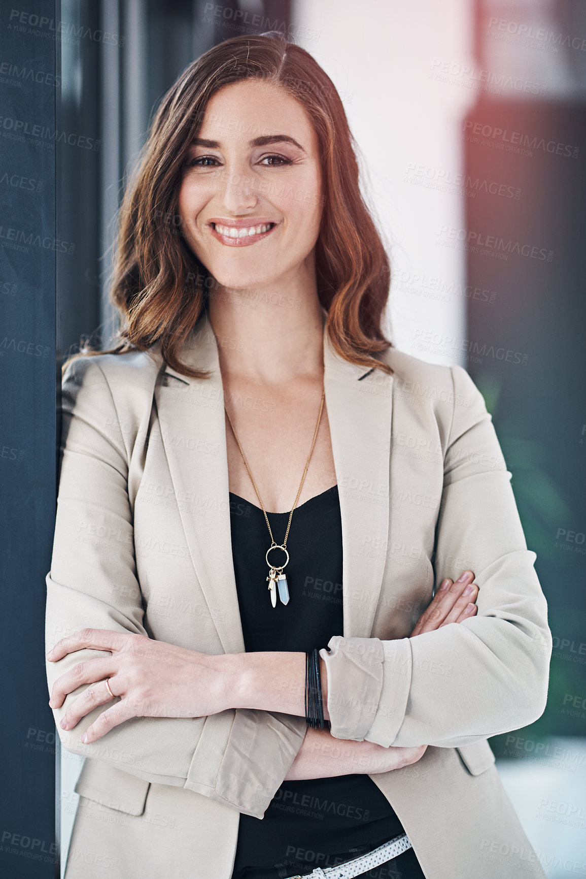 Buy stock photo Woman, business and happy in office with confidence in portrait, consulting or corporate or adviser. Female consultant in New Zealand or workplace, sales or idea for work or company with happiness