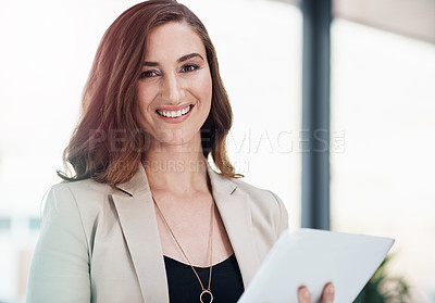 Buy stock photo Portrait, businesswoman and office with tablet for meeting by planning, research and ideas with digital technology. Happy, female person and working on computer for finance report on company
