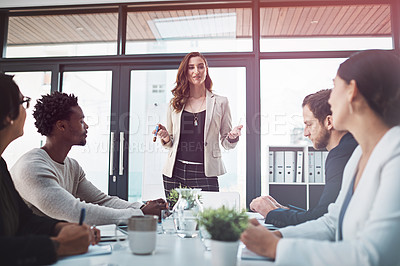 Buy stock photo Woman, business and diversity in boardroom for meeting or presentation, manager or leader or collaboration. Female coach and colleagues in office for planning or teamwork, workshop with team or files