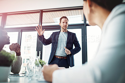 Buy stock photo Man, meeting and whiteboard in office with talking for marketing career, teamwork and data analysis. Manager, discussion and people in boardroom for sales report with collaboration, ideas and staff
