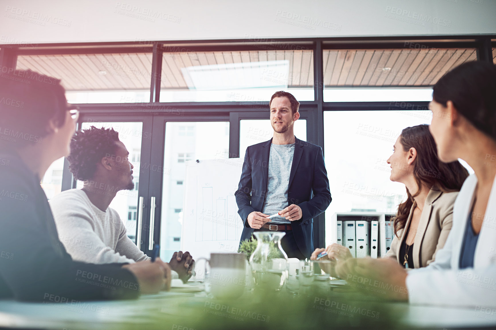 Buy stock photo Person, workshop and colleagues listening for meeting, discussion or collaboration in boardroom. Businessman, talking and people in team attentive for brainstorming, partnership and participation