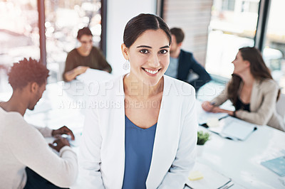 Buy stock photo Portrait, professional and woman in workplace for meeting, startup and team leadership. Happy, marketing and financial seminar in office for employee collaboration, workshop and coaching at desk.