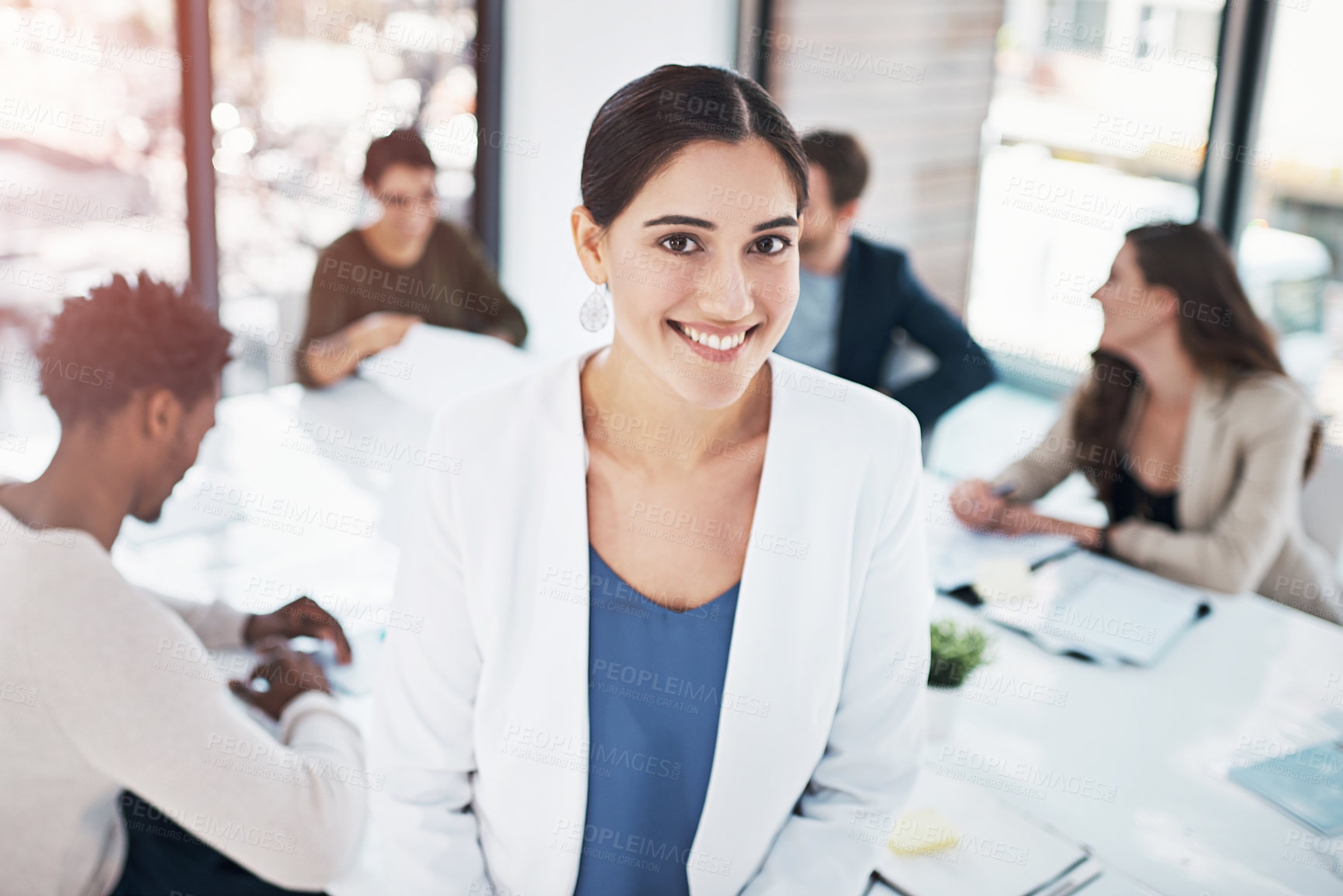 Buy stock photo Portrait, professional and woman in workplace for meeting, startup and team leadership. Happy, marketing and financial seminar in office for employee collaboration, workshop and coaching at desk.