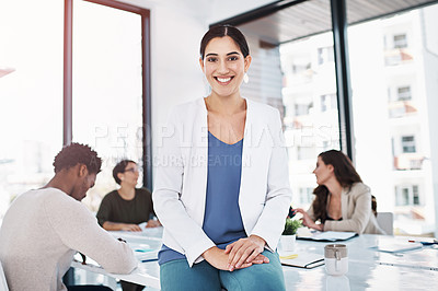 Buy stock photo Portrait, businesswoman and pride professional workspace for company, marketing and leader for project. Female person, management and teamwork in office for startup, working and career in advertising