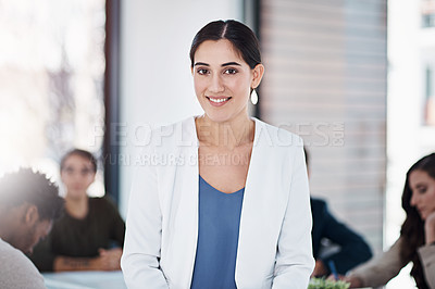 Buy stock photo Portrait, businesswoman and pride in professional workspace for company, internship and leader for project. Female person, management and teamwork in office for startup, working and career design.