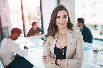 Buy stock photo Happy, woman and portrait in workplace for startup company, planning and leadership. Project, management and creative design in office for business, confident and pride for diverse workspace