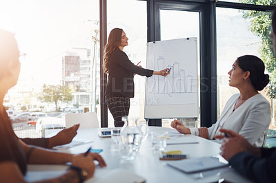 Buy stock photo Group, presenter and data in meeting or workshop for session with colleagues in discussion, working and together. Businesspeople, diversity and team for speaker, metrics or presentation in boardroom