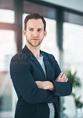 Buy stock photo Business man, thinking and arms crossed with job confidence and public relations worker. Office. about us and corporate professional with smile at startup company with employee and staff success