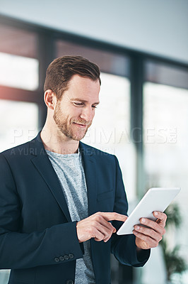 Buy stock photo Businessman, tablet and online research or internet for real estate website or property management, planning or sales. Male person, confidence and startup or digital app as project, office or realtor