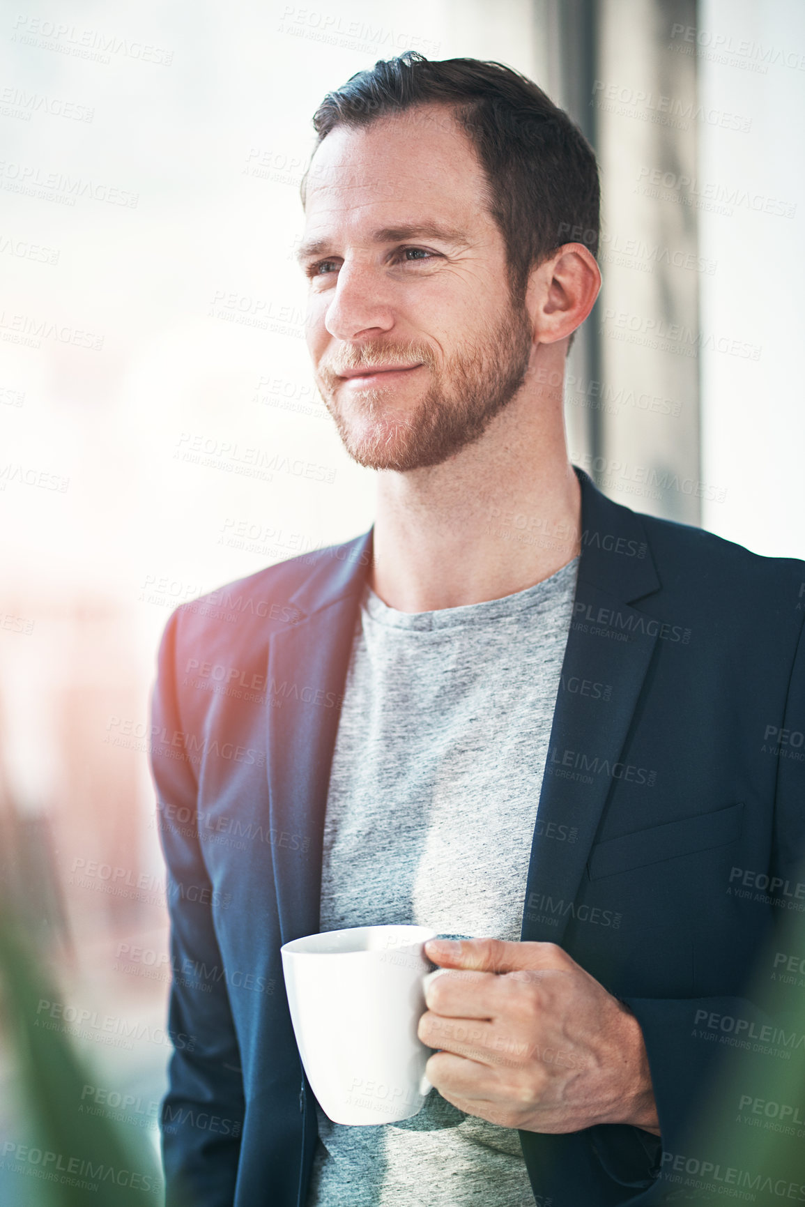 Buy stock photo Business, thinking and happy man with coffee in office for morning, routine or consulting, guide and service. Remember, reflection and broker with loan, insurance or property, solution or advice